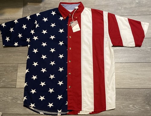 American Summer Patriotic American Flag Collared Shirt Mens Size L July 4 NWT