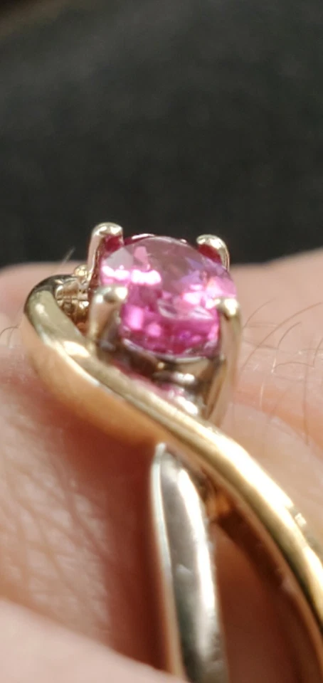 Pink Sapphire Created Oval Cut & Diam Ring 2 Tone 10kt Solid White& Yellow Gold  - Image 4 of 4