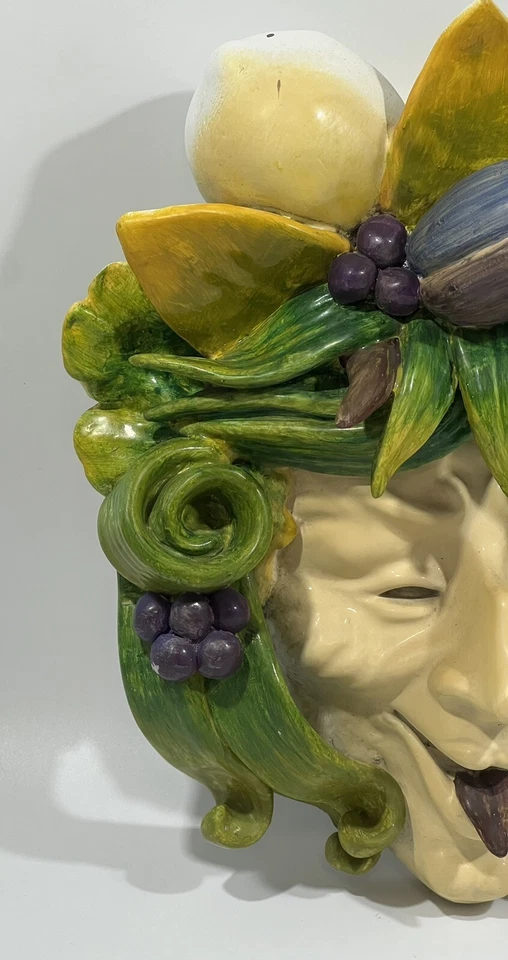 1990s Vintage Toscano Bacchus Mask Crown of Fruit & Frond Wall Decor Mask 10" T - Image 4 of 4