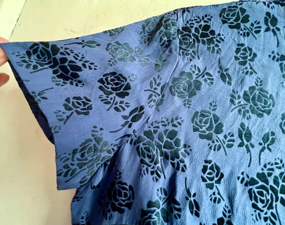 Top túnica Monzón 14 púrpura azul mezcla seda floral oriental mangas cortas Foto 4 de 4