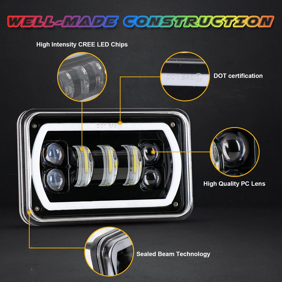 4pcs 4x6" RGB Led Headlight Hi/Lo Beam For 1980-1988 Oldsmobile Cutlass Ciera H4 - Image 4 of 4