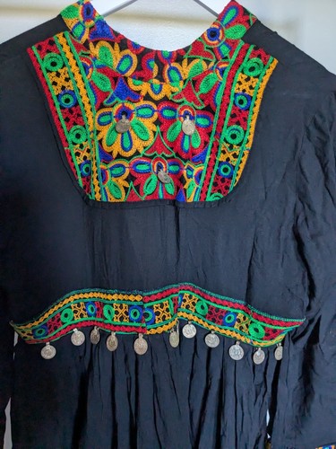 Afghan dress Long Black Embroidery Hand Made Dance Original ethnic coins Maxi - Picture 4 of 24