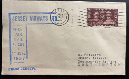 1937 Jersey Channel Island England First Flight Airmail Cover To Southampton - Foto 1 di 2