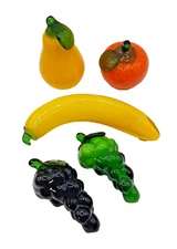 Murano Style Heavy Glass Fruit Figurines Grapes Banana Pear Orange 5 Piece Lot
