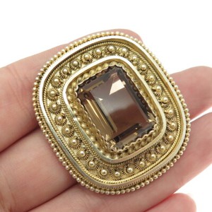 Authentic 935 Silver Gold Plated Vintage Israel Smoky Quartz Cannetille Brooch / Pendant