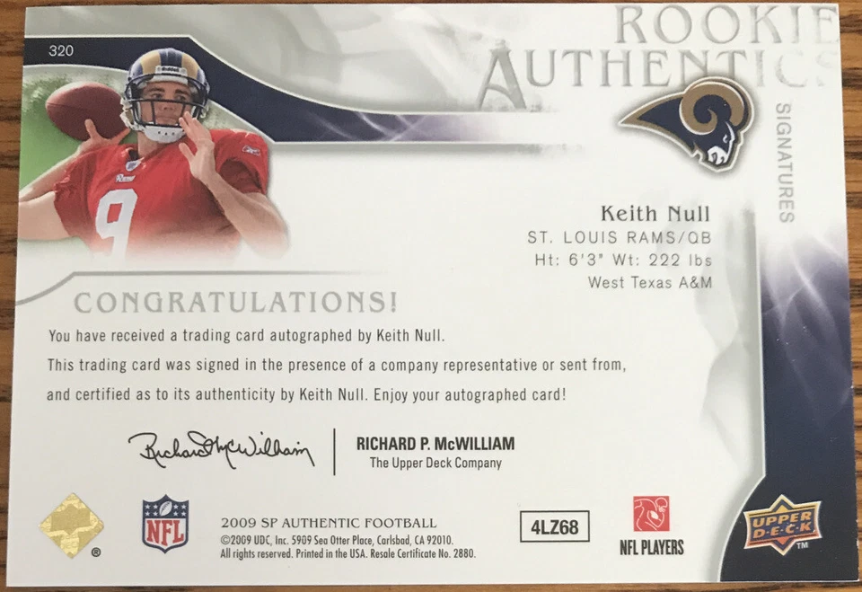 2009 SP Authentic Rookie Autograph Keith Null #320 St.Louis Rams #’d 555/999 - Image 2 of 2