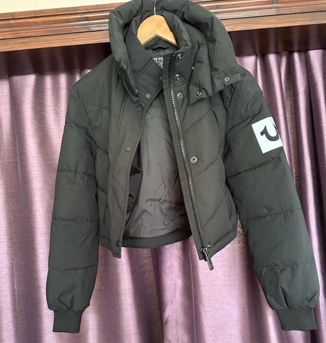 NWT True Religion Women's Double Collar Cropped Puffer Jacket XS Black - Picture 9 of 11