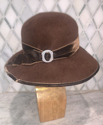 Vintage Louise Green Chocolate Brown Felt Hat Velvet Accent Floppy Brim  Cloche