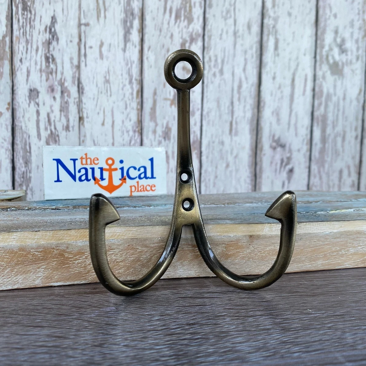 Metal Fish Hook Double Wall Hook - Antique Brass Finish - Towel Hanger, Coat