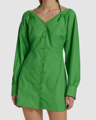 Nanushka - Alyssa - Sale Light Poplin Tie-Neck Shirtdress - Green
