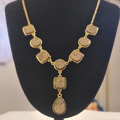 Golden Faux Smokey Crystal Segment Chain Necklace 11'' Matching Earrings