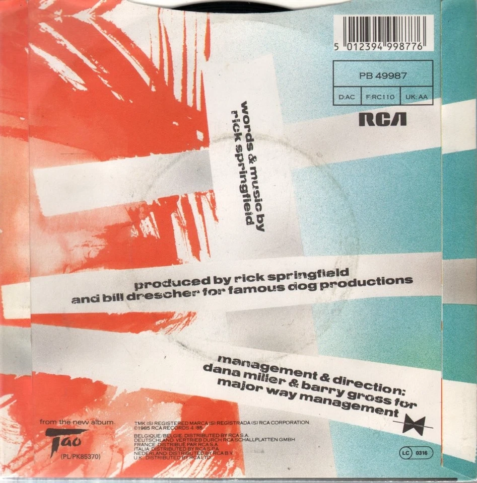 Rick Springfield Celebrate Youth 7" vinyl UK Rca 1985 B/w stranger in the house - Image 2 of 2