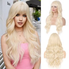 Blonde Wig with Bangs for Women Long Blonde Wavy Curly Wigs Heat Resistant Sy...