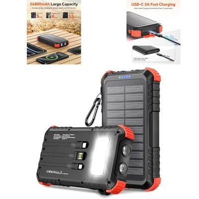 Batterie Externe Solaire 26800mAh avec 5 Ports USB et Lampe Torche - Photo 1/4