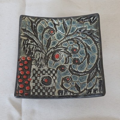 Handmade Studio Art Pottery Footed Trinket Dish Textured Abstract Boho Signed