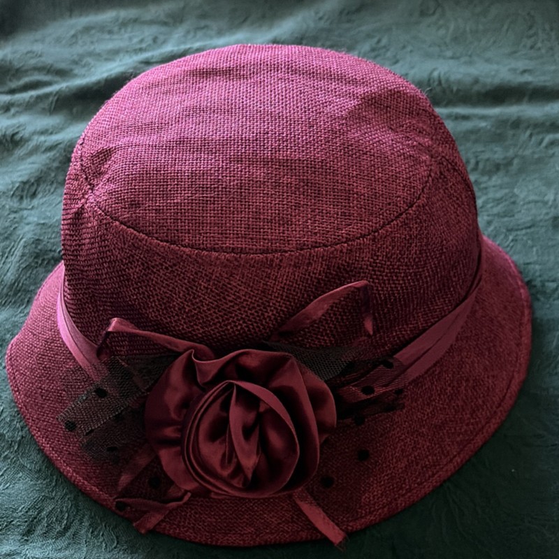 Women's Dark burgundy Polyester Bucket Hat with Flower Accent 