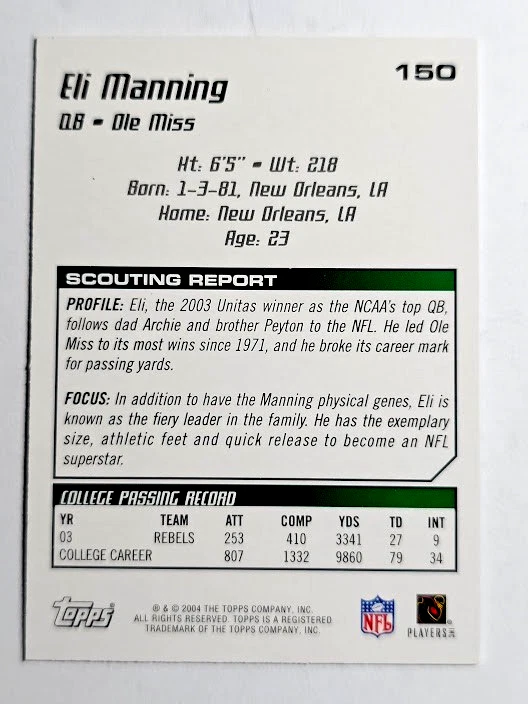 Topps Draft Picks Prospects #150 2004 Eli Manning (RC) novato casi nuevo-como nuevo excelente Foto 2 de 2