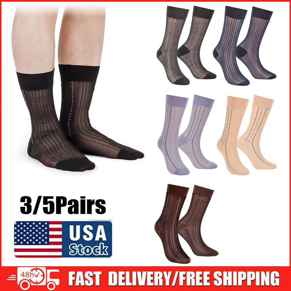 5 Pairs Mens Ultra Thin Dress Socks Silk Sheer Business Socks Soft