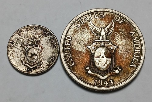 Lot of 2x Coin US Admin Philippines Silver 1944-S 50 Centavos 1944-D 10 Centavos - Picture 2 of 2