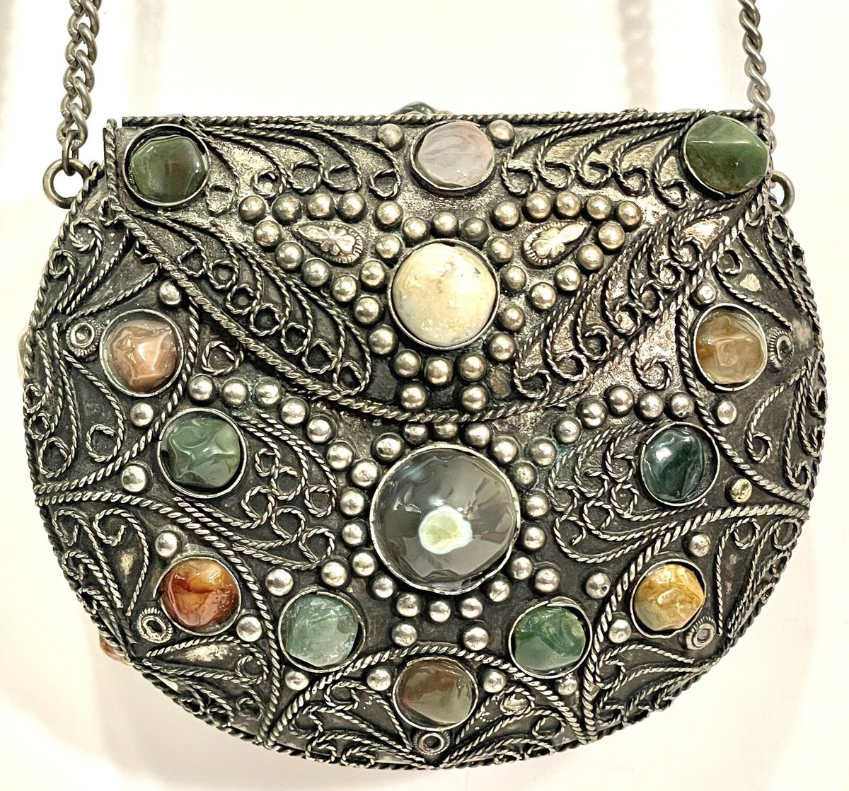 エスニック ヴィンテージ 天然石 チェーンバッグ インド sajai Vtg Handmade Sajai Metal Purse Handbag w/ Natural Agate Stones
