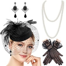 Black Feather Fascinators Hats Pillbox Hat Set 20s 50s Top Hat Lace Gloves Pearl