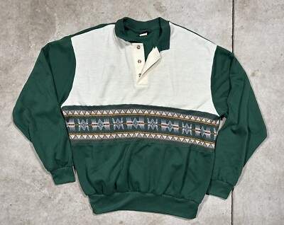 Vintage Aztec Southwestern Forest Green Long Sleeve Henley Shirt  XL Made In USA