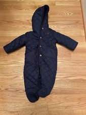 Ralph Lauren Snowsuit Baby Infant Size 5M Blue Hooded Quilted Snap Bunting