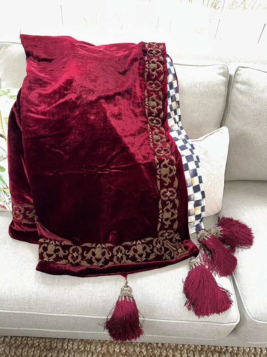 MacKenzie Childs Retired Highbanks Red Velvet Embroidered Throw w Tassels