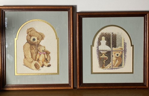 A Pair Of 2 Framed Needlepoint Pictures Teddy Bear Child’s Bedroom Decor Vintage
