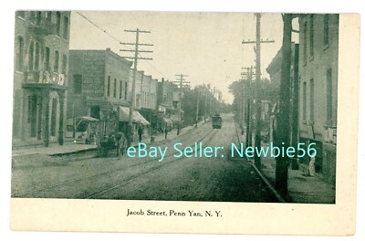 Penn Yan NY - STORE FRONTS & TROLLEY ON JACOB STREET - Postcard Yates County