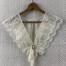 Vintage Floral Lace Collar 23"x14" Ivory Embroidered Scallop Ruffle & Cameo Pin
