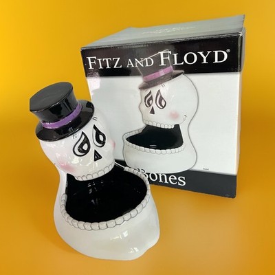 HALLOWEEN 2006 FITZ & FLOYD ''BONES'' Laughing Skull Candy Dish Bowl RARE w/Box