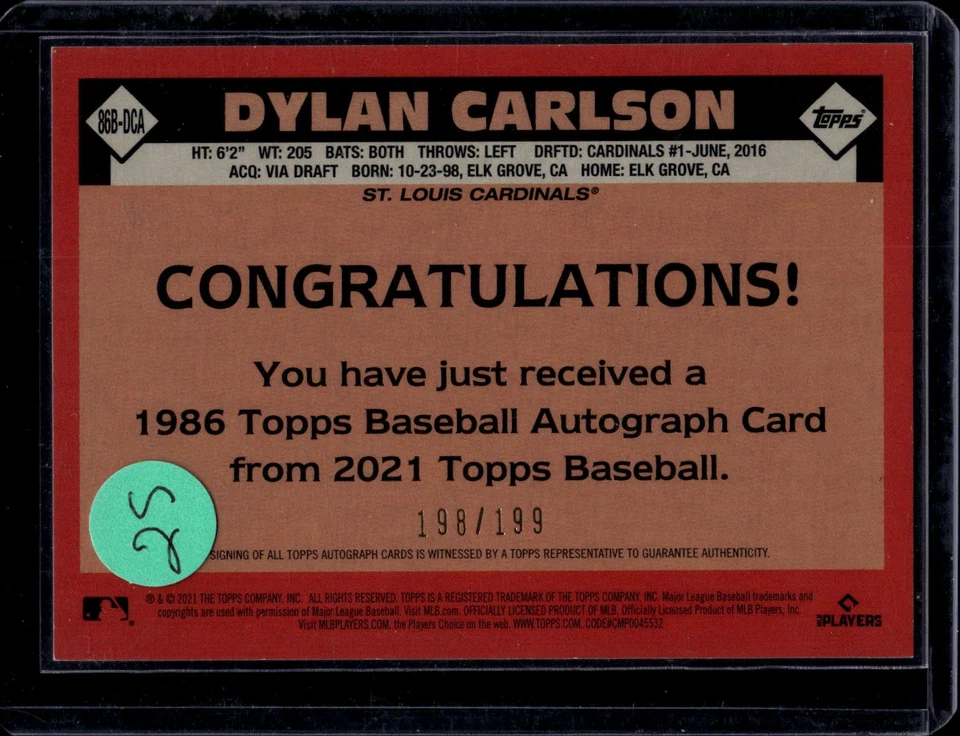 2021 Topps Dylan Carlson 35th Anniversary Autographs Black #/199 - Image 2 of 2