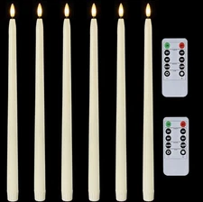 15 inches Real Wax Flameless Taper Candles with Remote Timer, 6 Pcs Ivory LED