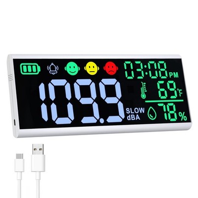 Decibel Meter 13'' Sound Decibel Meter Display Time Temperature Humidity, Wall...