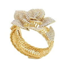 Luxury Rhinestone Rose Flower Statement Bangle Bracelet for Women Big Gold