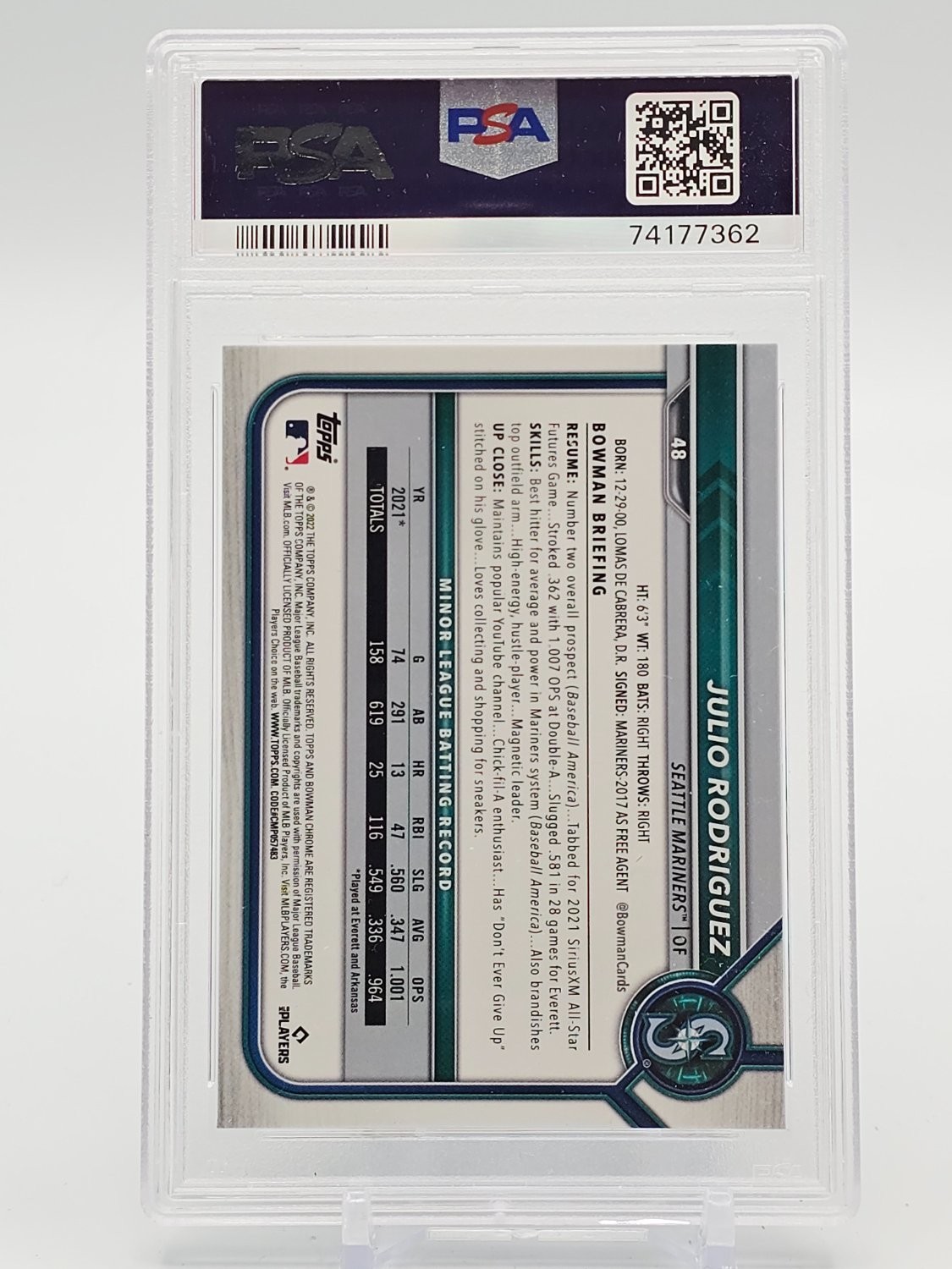JULIO RODRIGUEZ 2022 BOWMAN CHROME SAPPHIRE REFRACTOR ROOKIE RC #48 PSA 9 Q5369 view 2