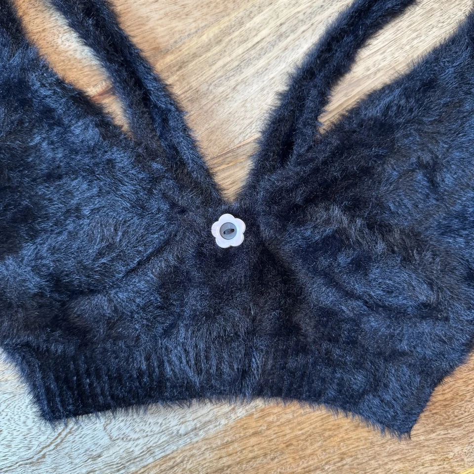 For Love & Lemons Fuzzy Bralette Womens Small Black Faux Fur Knit Flower Button - Image 3 of 4