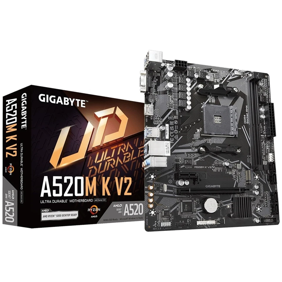 Gigabyte A520M K V2 Ultra Durable AMD AM4 Socket Motherboard, Micro-ATX, 2x DDR4