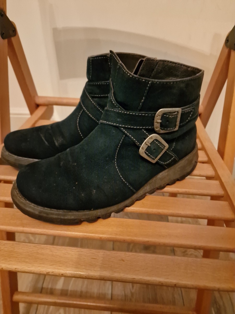 Fly London petrol blue ankle boots size 39 UK round toe buckles