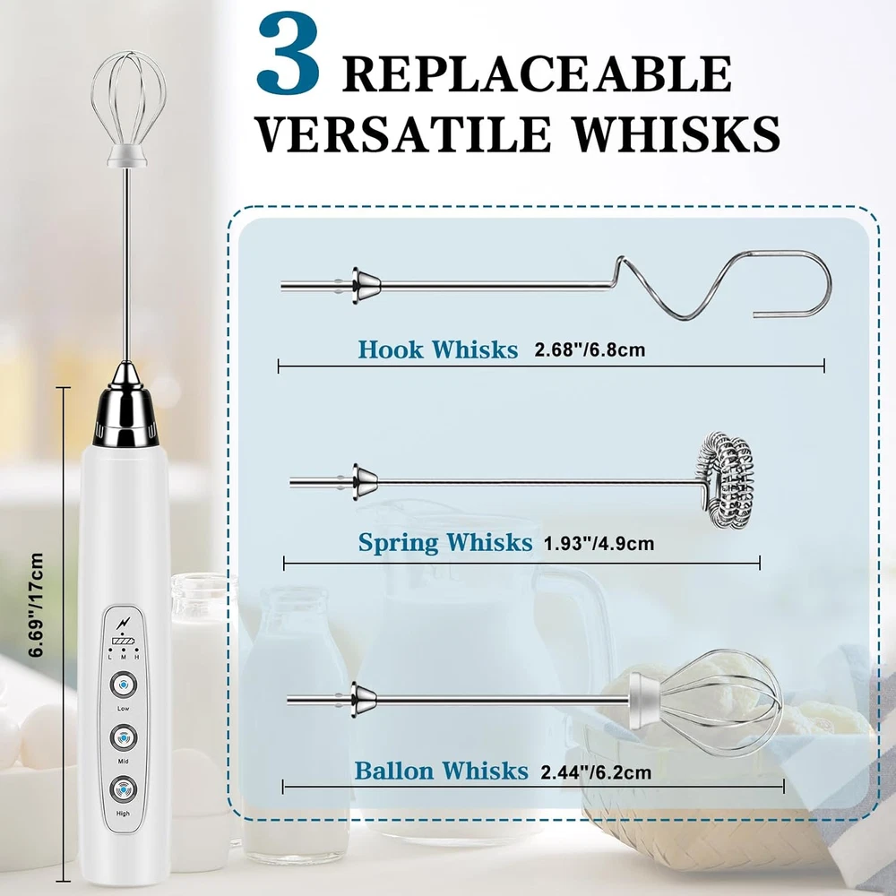 Milk Frother Handheld for Coffee, Electric Whisk 3 Speed Adjustable, Drink Mixer