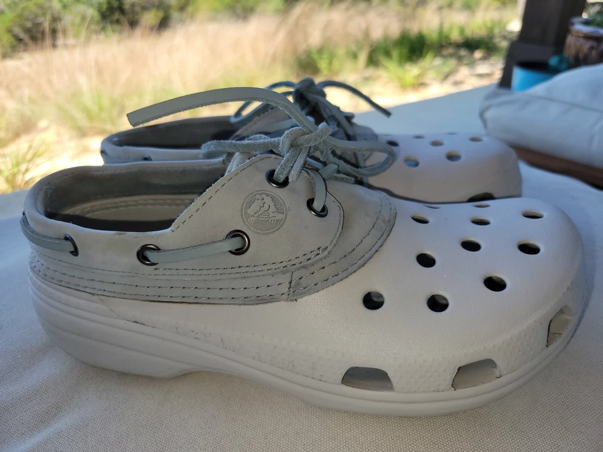 Crocs White Blue Leather M 7 W 9 Islander Pit crew Sport Boat