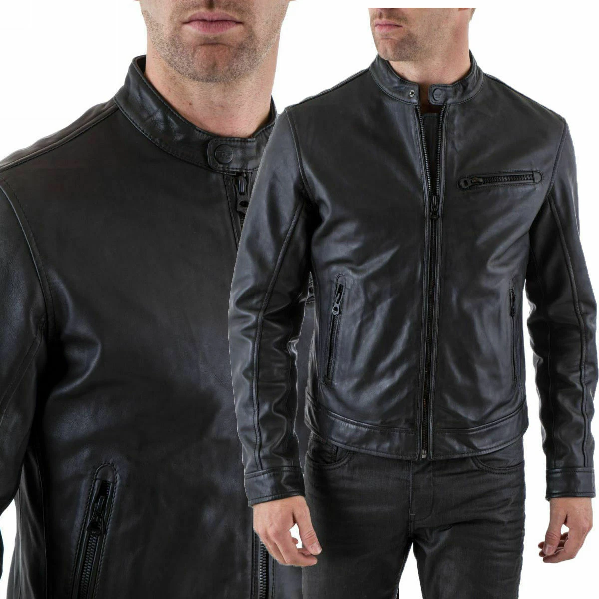 Men's Genuine Lambskin Soft Leather Jacket Black Biker Motorcycle Racer Jacket