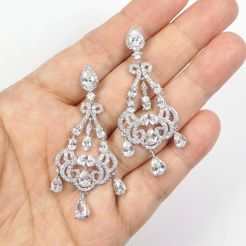 Pendientes de araña grandes elegantes glamour nupcial circonita cúbica chapados en rodio de plata brillante Foto 3 de 4