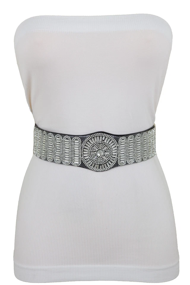 Mujeres Negro Banda Elástica Fiesta Fiesta Moda Cinturón Bling Plata Círculo Talla M L Foto 4 de 4