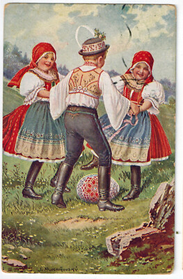 POSTCARD Czech Easter greetings Moravian folk costumes kroj illustration art egg