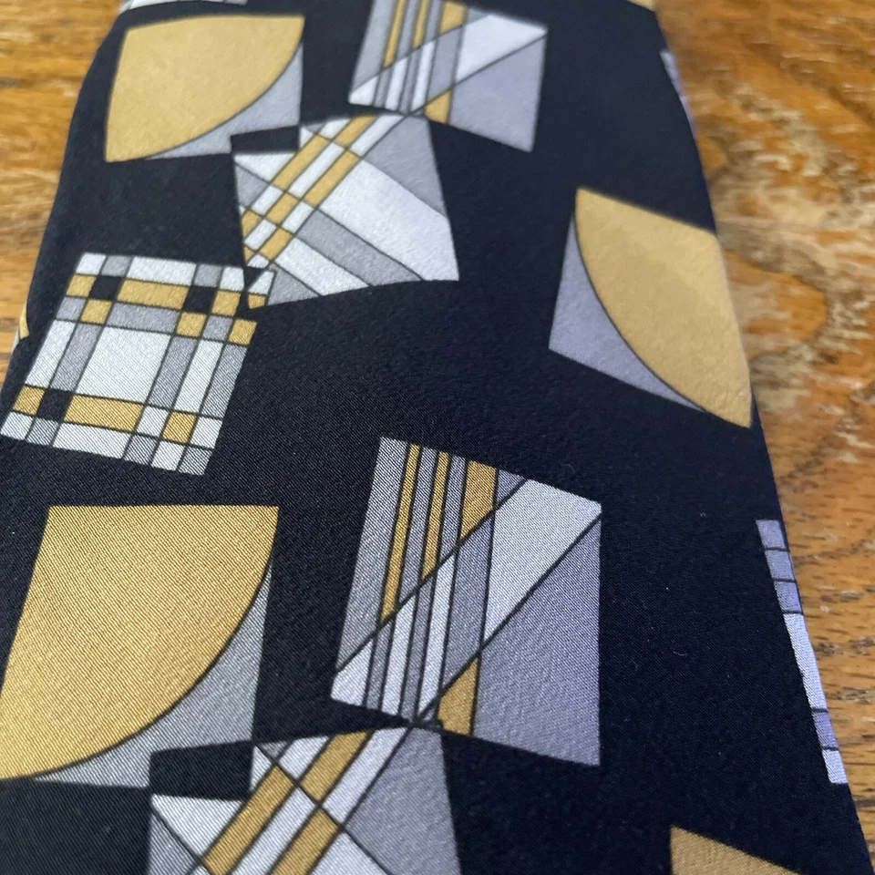 Gravata de seda Oleg Cassini masculina clássica designer geométrica preta Itália vintage - Imagem 2 de 4