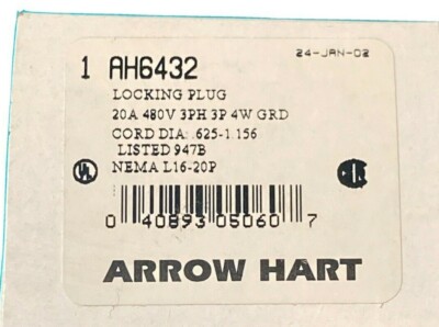 Arrow Hart 6432 Cooper 20Amp 480Volt Locking Plug NEW