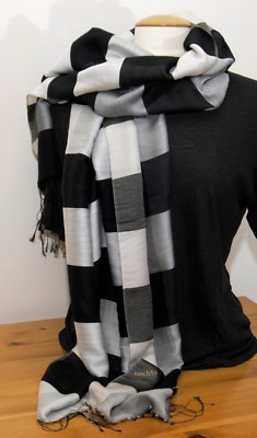 Schal Seide Karo schwarz Seidenschal Tuch Stola Schultertuch Pashmina 175cmx70cm