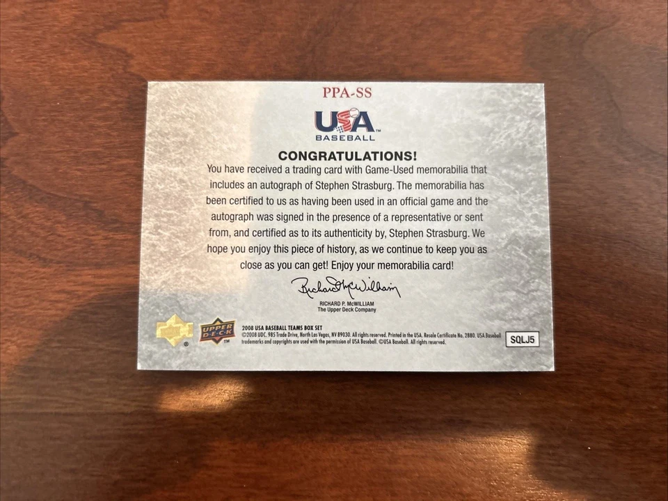 2008 Upper Deck USA Triple Patch JSY -AUTO SP STEPHEN STRASBURG ROOKIE #D to 50 - Image 2 of 3